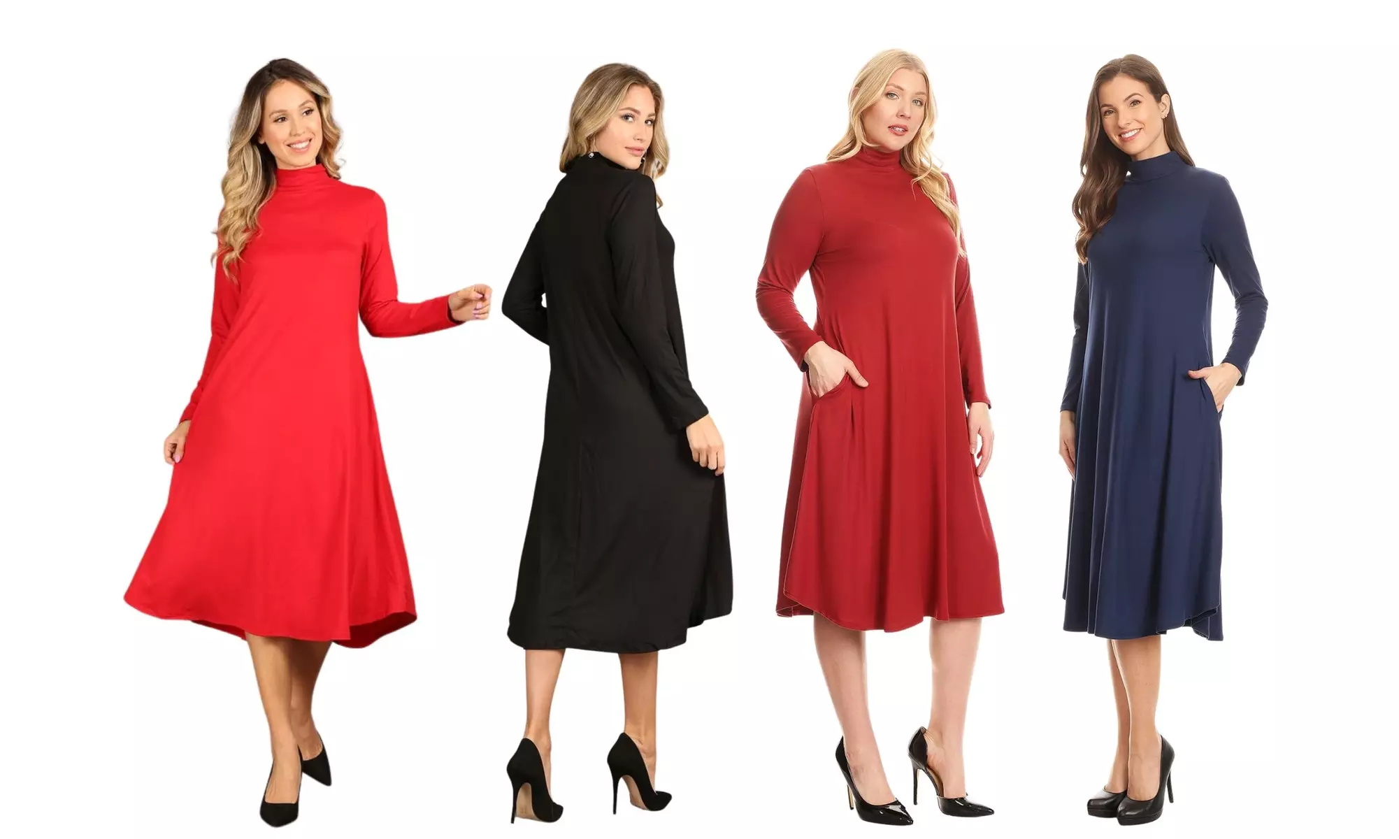 Solid, midi, A-line dress in a loose fit with a mock neck - Primary Image