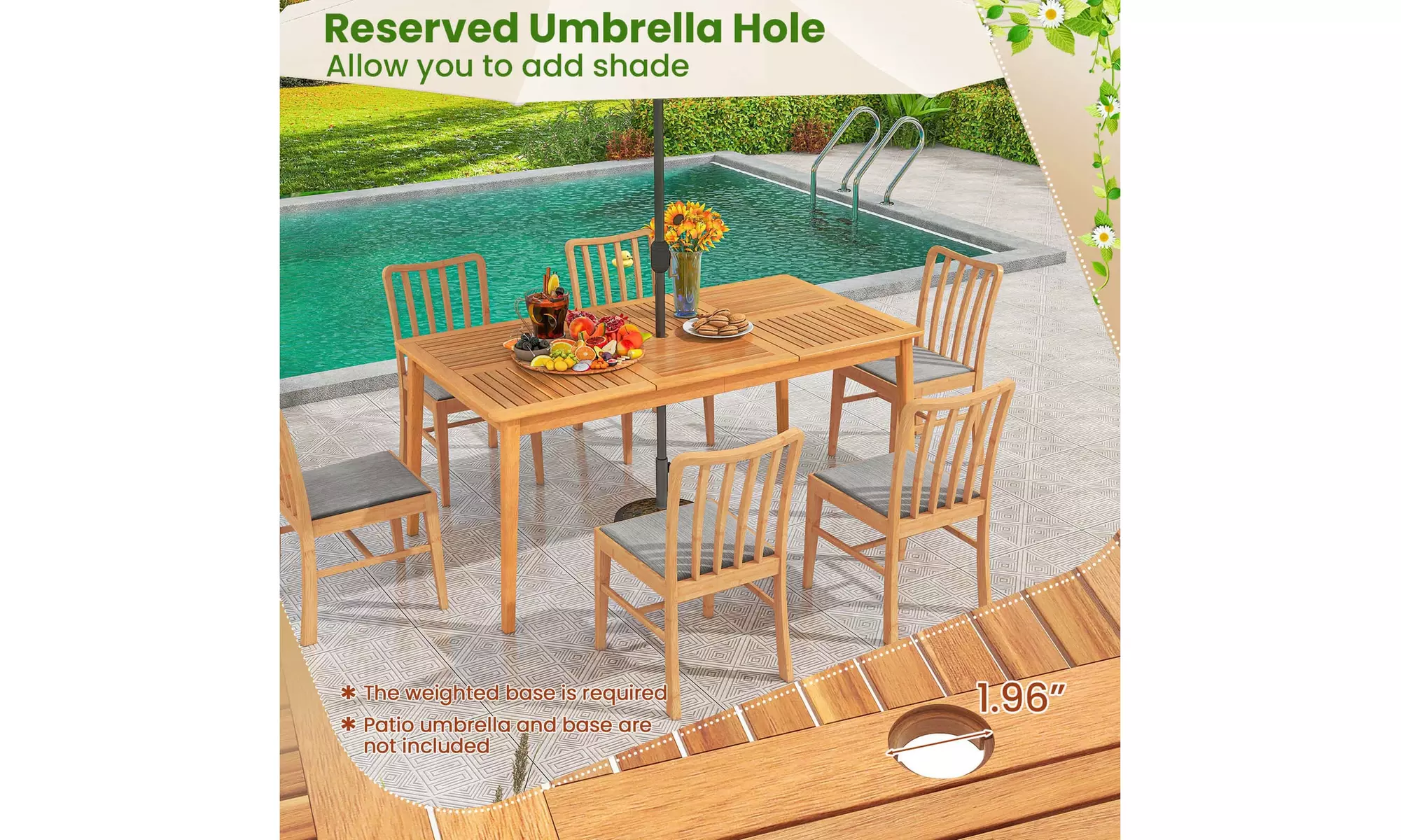 Costway 6/8-Person Outdoor Acacia Wood Dining Table with 1.96" Umbrella Hole