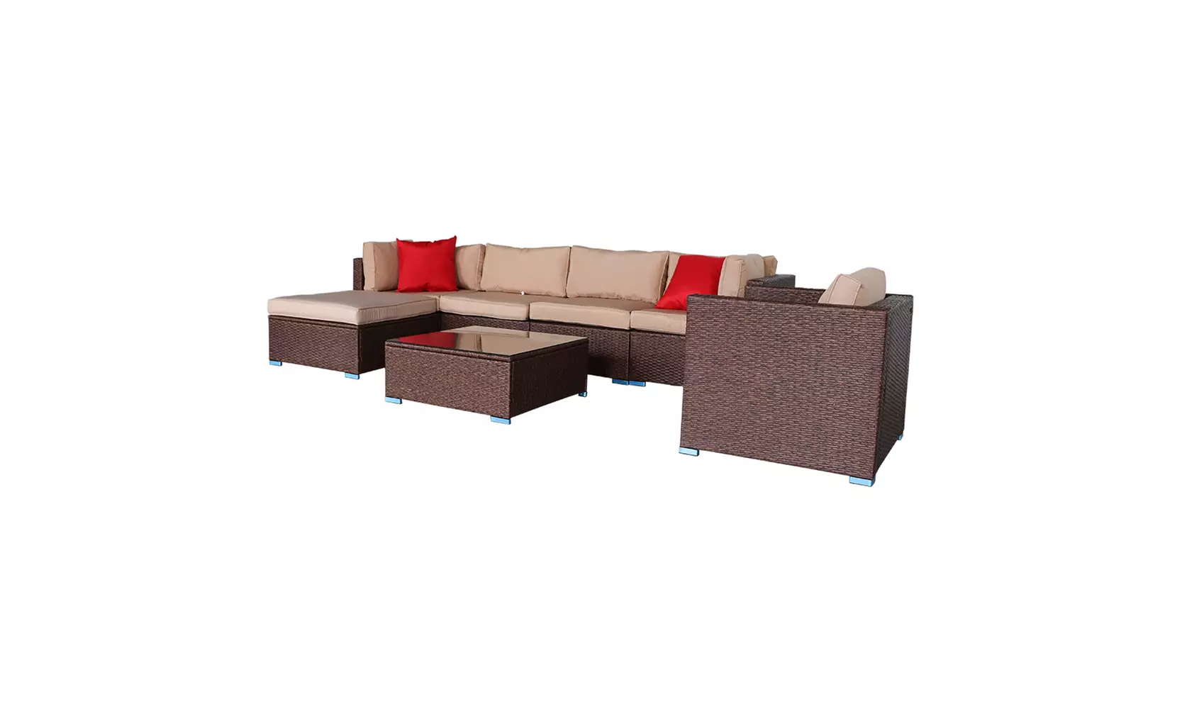 7 Pieces Outdoor Garden Wood Grain Patio PE Wicker Rattan Corner Sofa Set - Primary Image