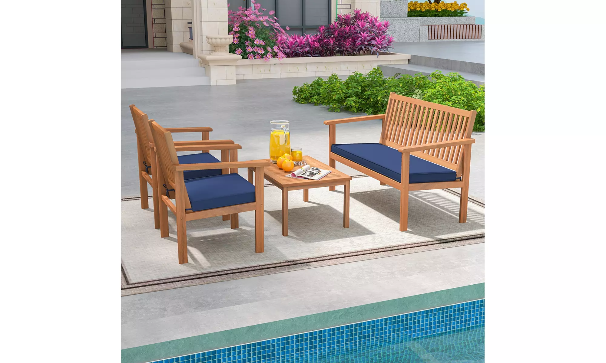 Costway 4 PCS Patio Wood Furniture Set with Loveseat, 2 Chairs & Coffee Table