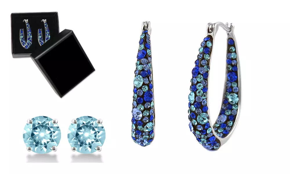 Inside Out Blue Crystal Hoop Earrings W/2.00CT Stud With Crystals From Swarovski