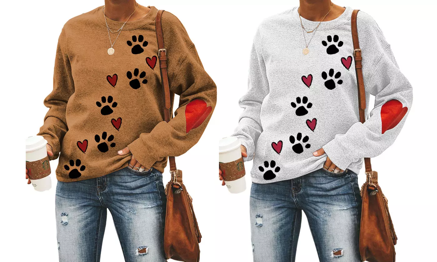 Women's Tops Dog Paw Print Long Sleeve Crew Neck Tunics - Primary Image