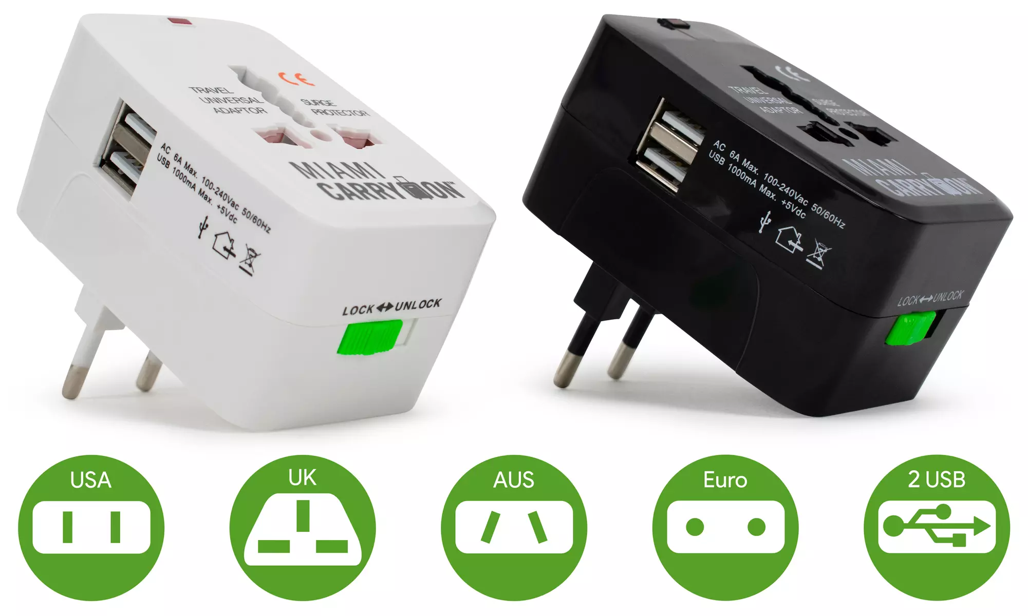 Miami CarryOn International Travel Adapter with Two USB Ports (1/2/3/4 Packs)