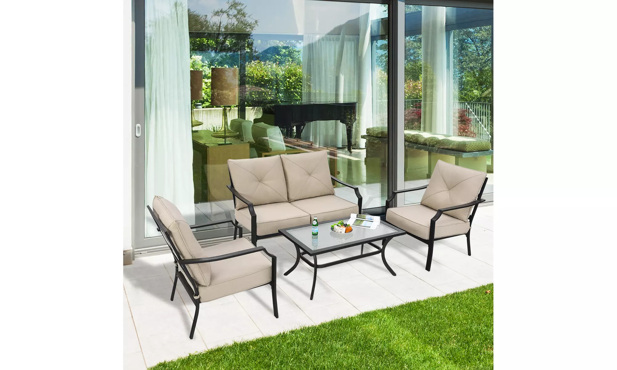4 PCS Patio Furniture Set Cushion Sofa Loveseat  Sectional Garden Deck Poolside - Primary Image