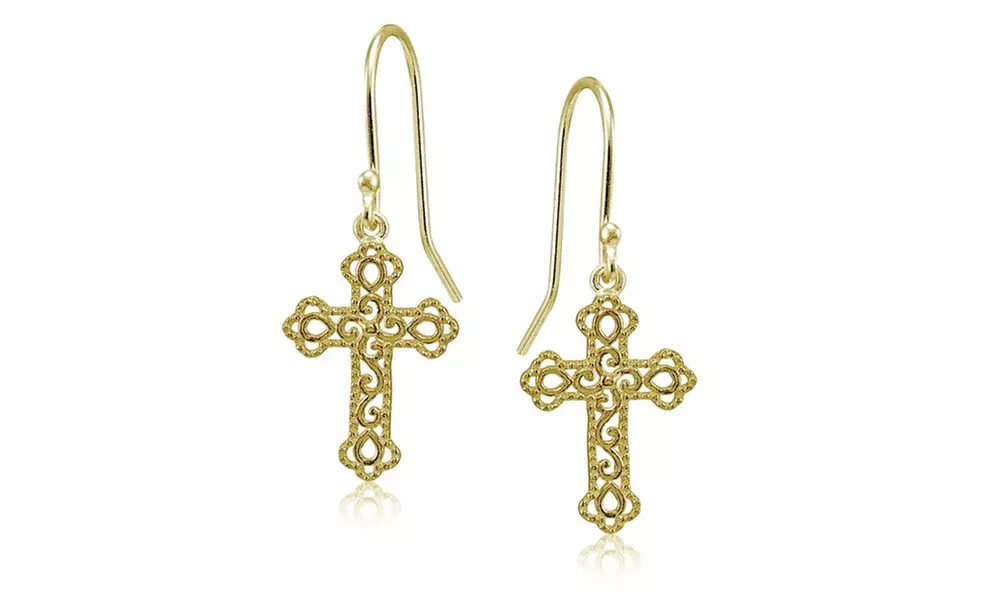 Yellow Gold Flashed 925 Silver Polished Filigree Cross Bottony Dangle Earrings 