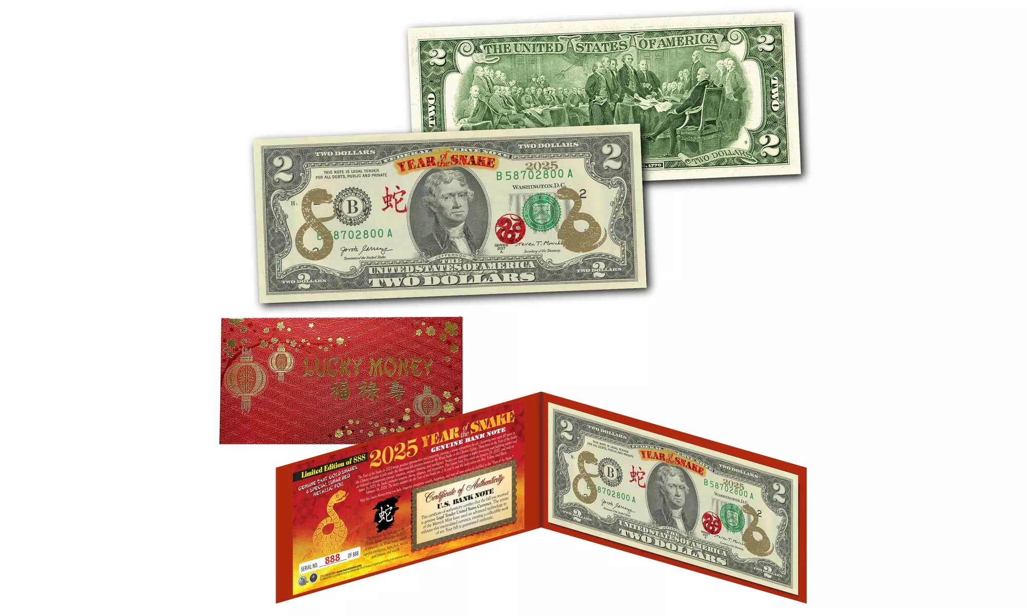 24KT Gold 2025 Year of the SNAKE Chinese New Year 2.00 Dollar Bill Ltd of 888 - Second Medium