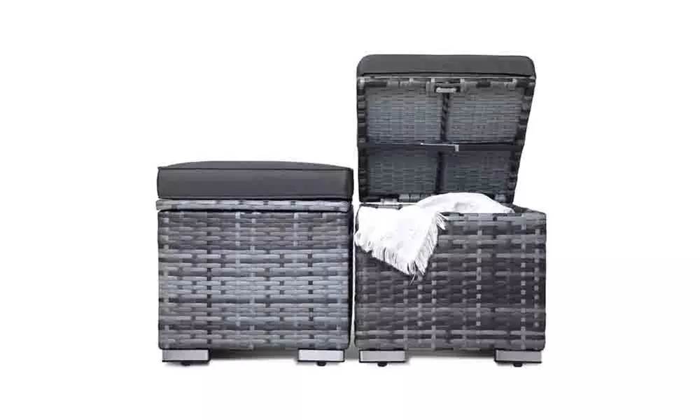 2 Pieces Outdoor Ottoman Patio Foot Rest PE Rattan Foot Stool with Storage
