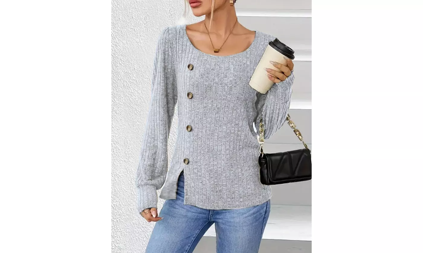 Women's Side Button Ribbed Knit Long Sleeve Tunic Tops