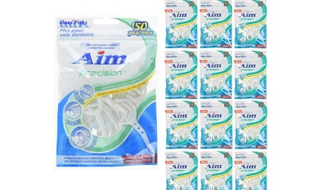 12 Pack Aim Precision Floss Picks With Fluoridex Thread (50 Picks Per Bag)