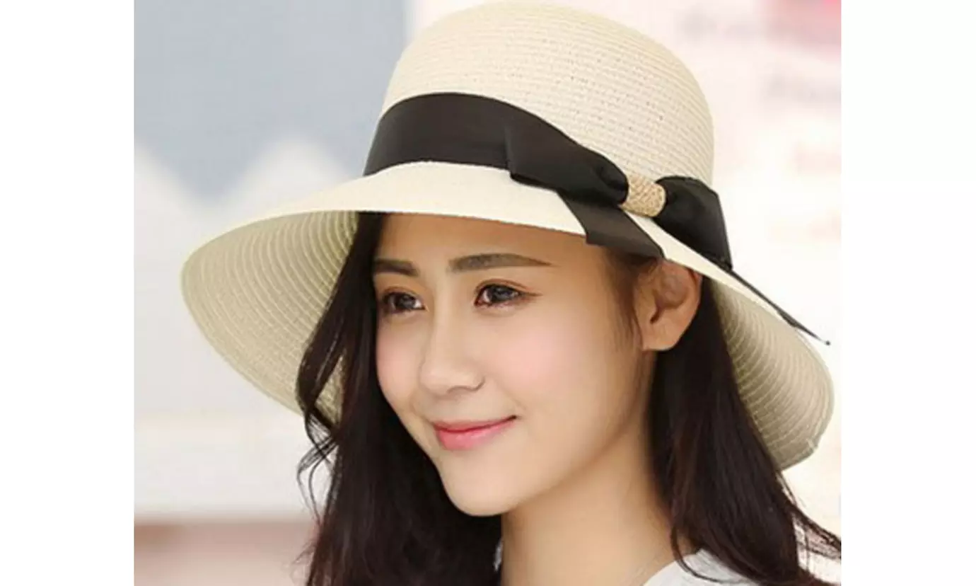 Womens UPF50 Foldable Summer Straw Hat Wide Brim Fedora Sun Beach Hat