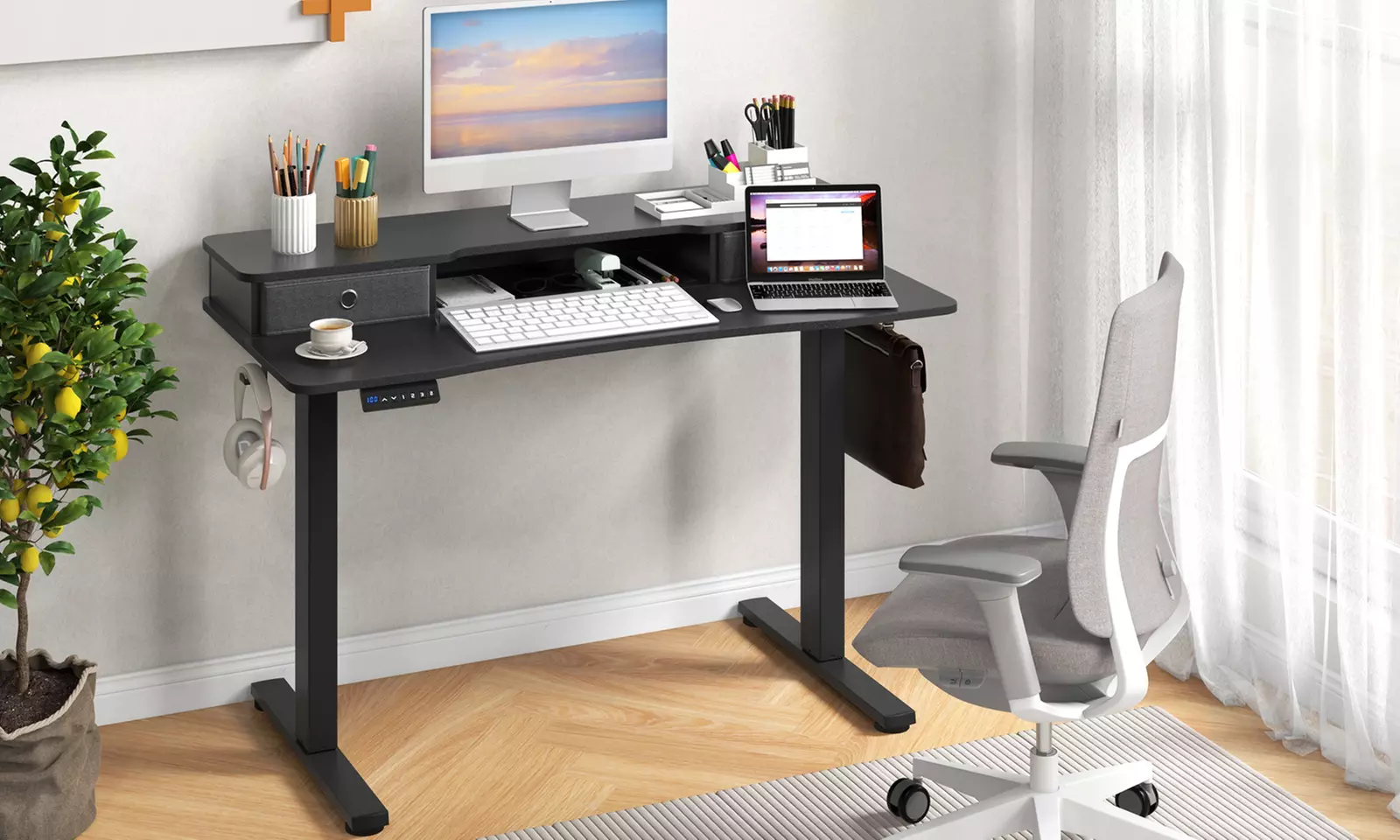 Costway Electric Standing Desk with 2 Drawers Monitor Stand Storage Shelf