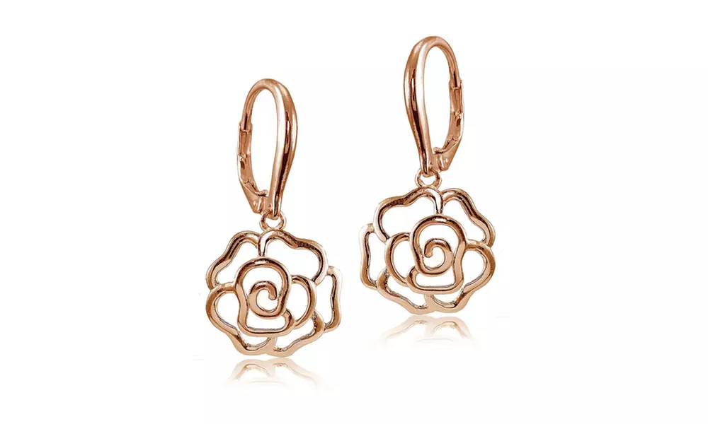 Rose Gold Flashed 925 Silver High Polished Open Rose Dangle Leverback Earrings