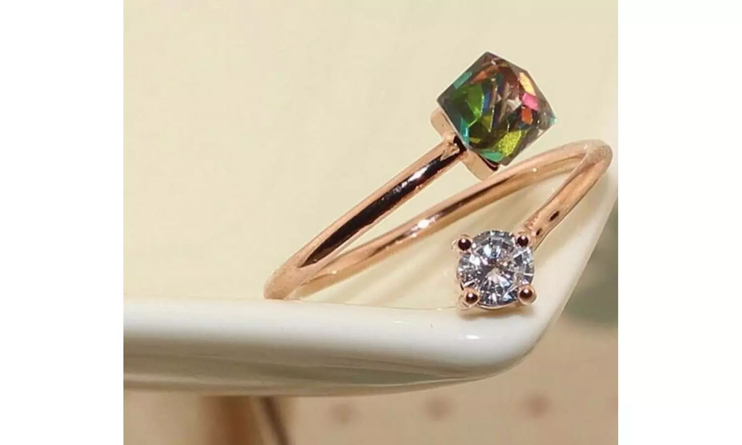 Mystic Topaz Cube Rose Gold Adjustable Ring - Second Medium