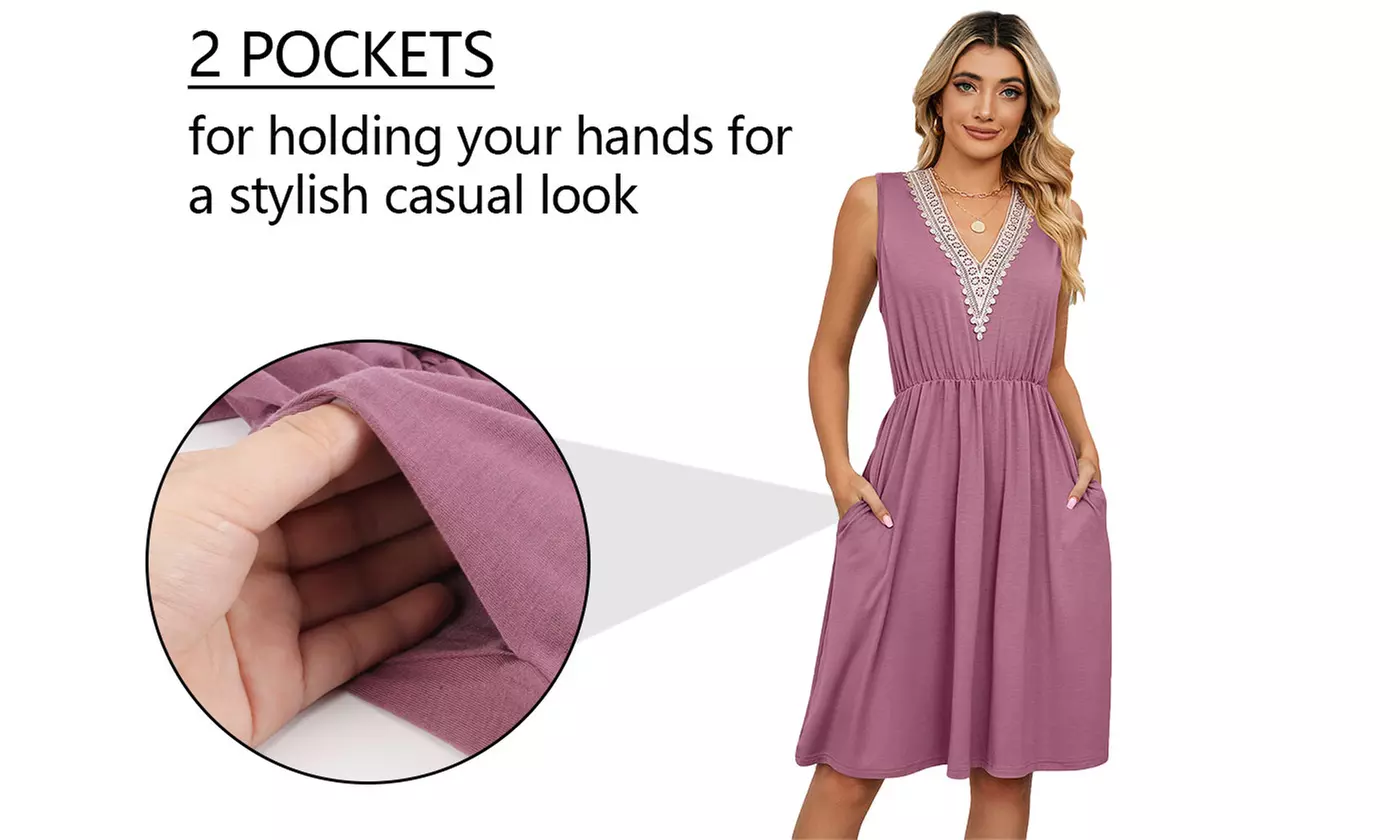 Women's Casual V-Neck Summer Dresses Sleeveless Midi Sundress with Side Pockets