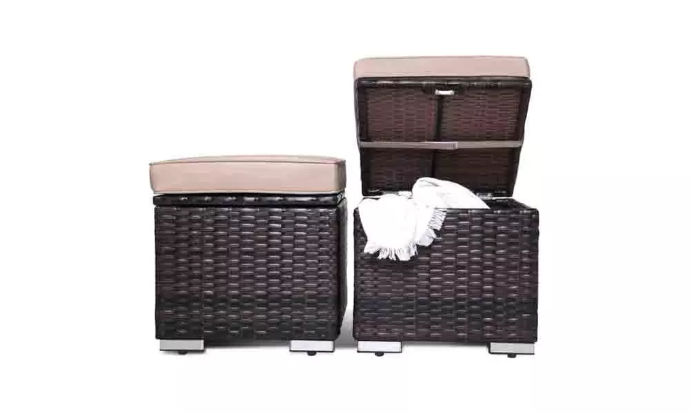 2 Pieces Outdoor Ottoman Patio Foot Rest PE Rattan Foot Stool with Storage