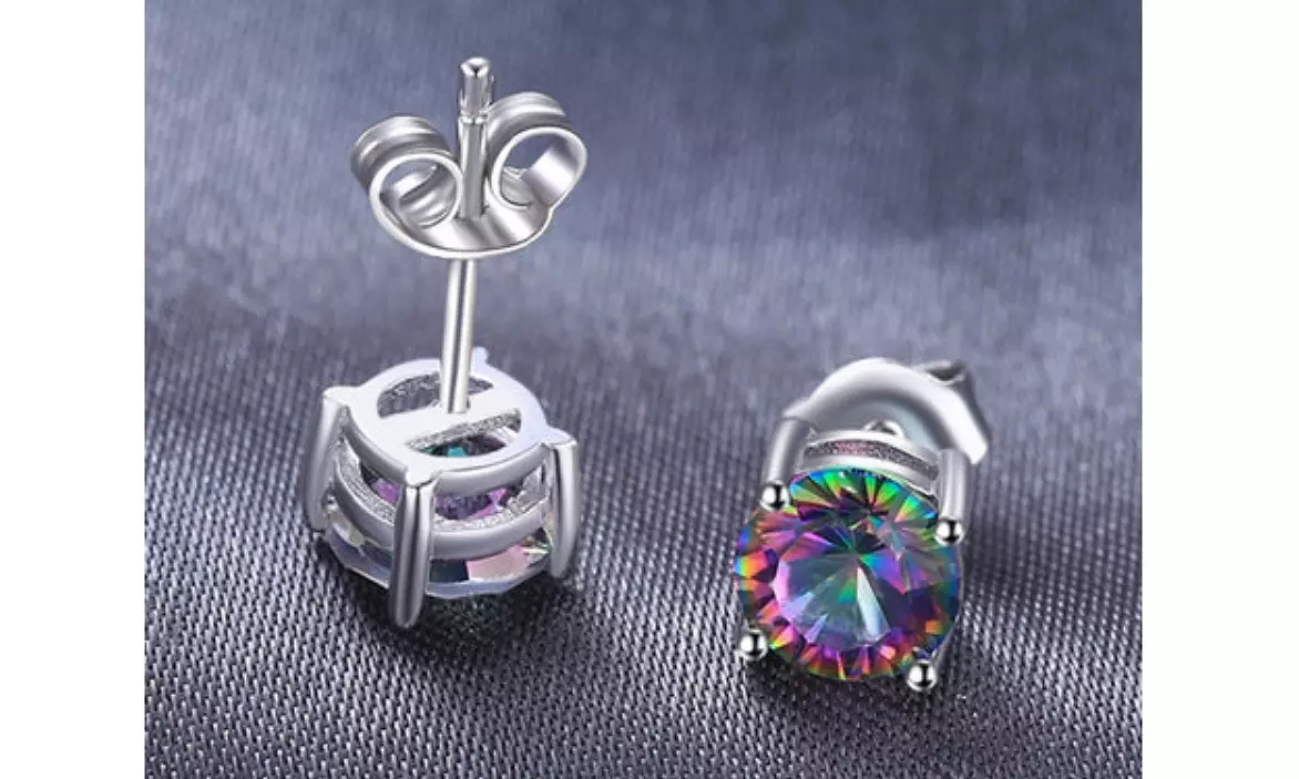 Sterling Silver Round Cut Rainbow Topaz Stud Earrings