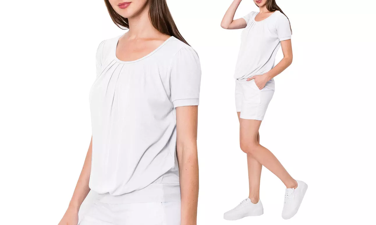 Made by Johnny Women's Scoop Neck Short Sleeve Front Pleated Blouse