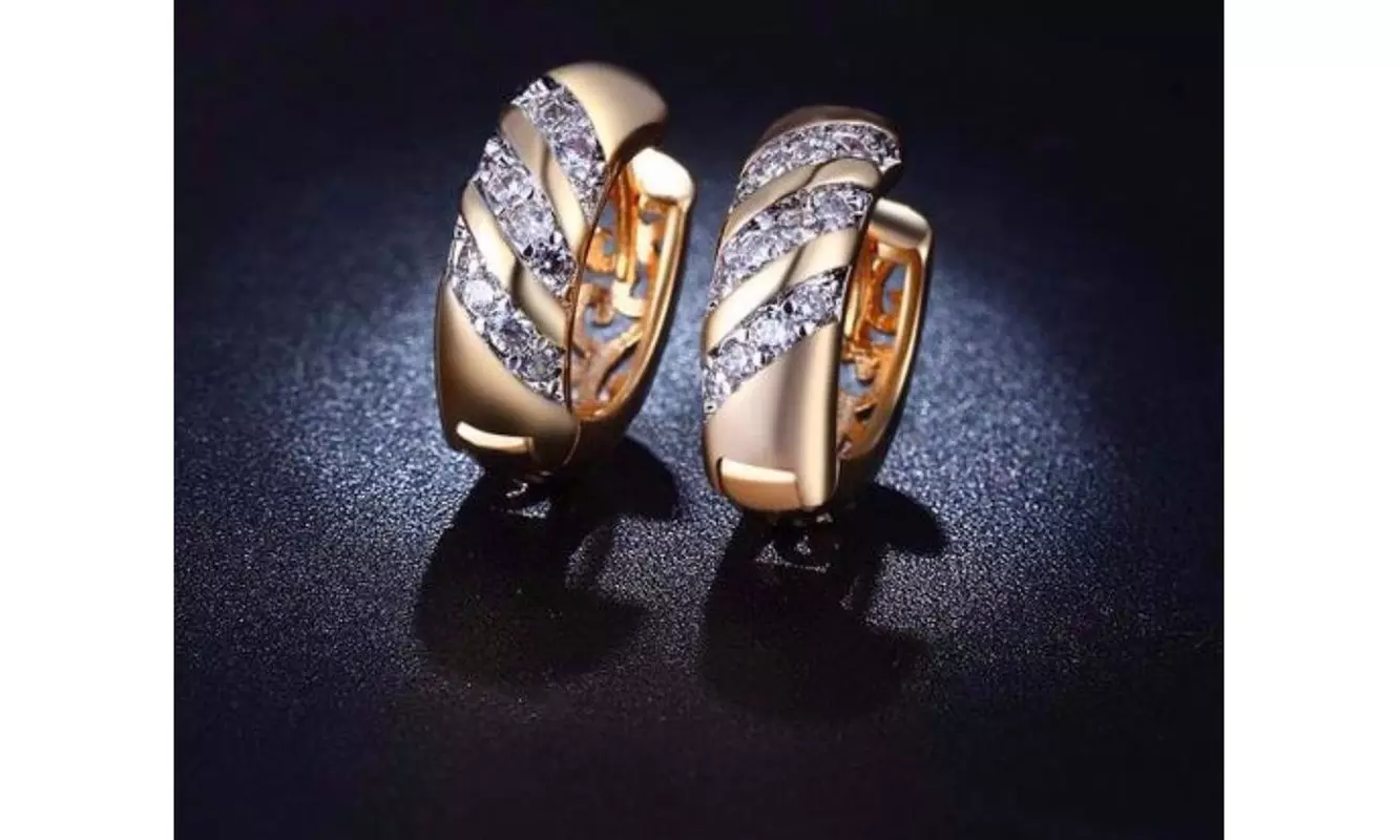 18K Gold CZ Crystal 3-Row Hoop Huggie Earrings