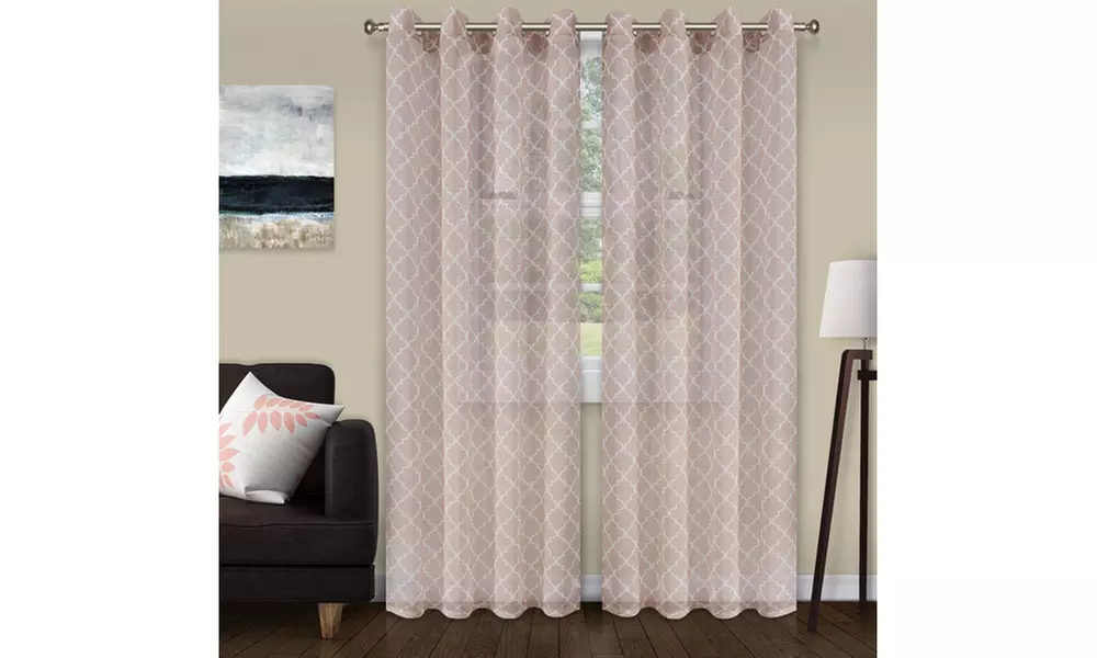 Champagne Trellis Embroidered Sheer Curtain Set (52x63, 52x84, 52x96, 52x108) - Primary Image