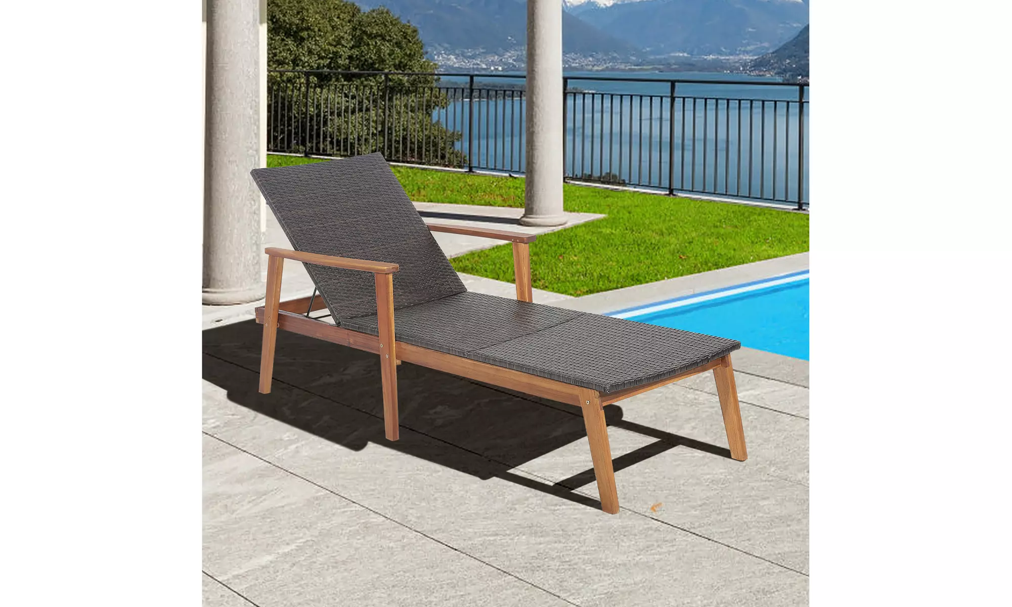 Costway Patio Rattan Chaise Lounge Chair Recliner Back Adjustable Acacia Wood - Primary Image