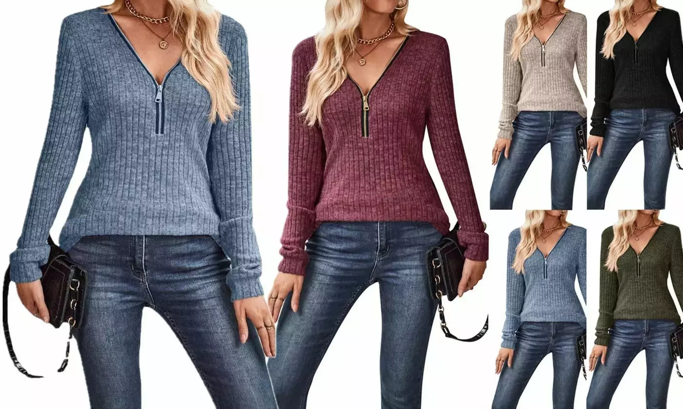 Bohuma Women's Pullover Sweaters Zip Neck Tops Slim Fit Pullovers for Autumn - Primary Image