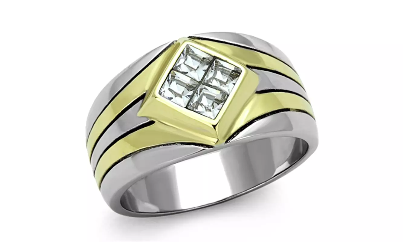 Men's Stainless Steel 316 Cushion Cut Flush Setting Crystal Two Toned Ring  - Primary Image