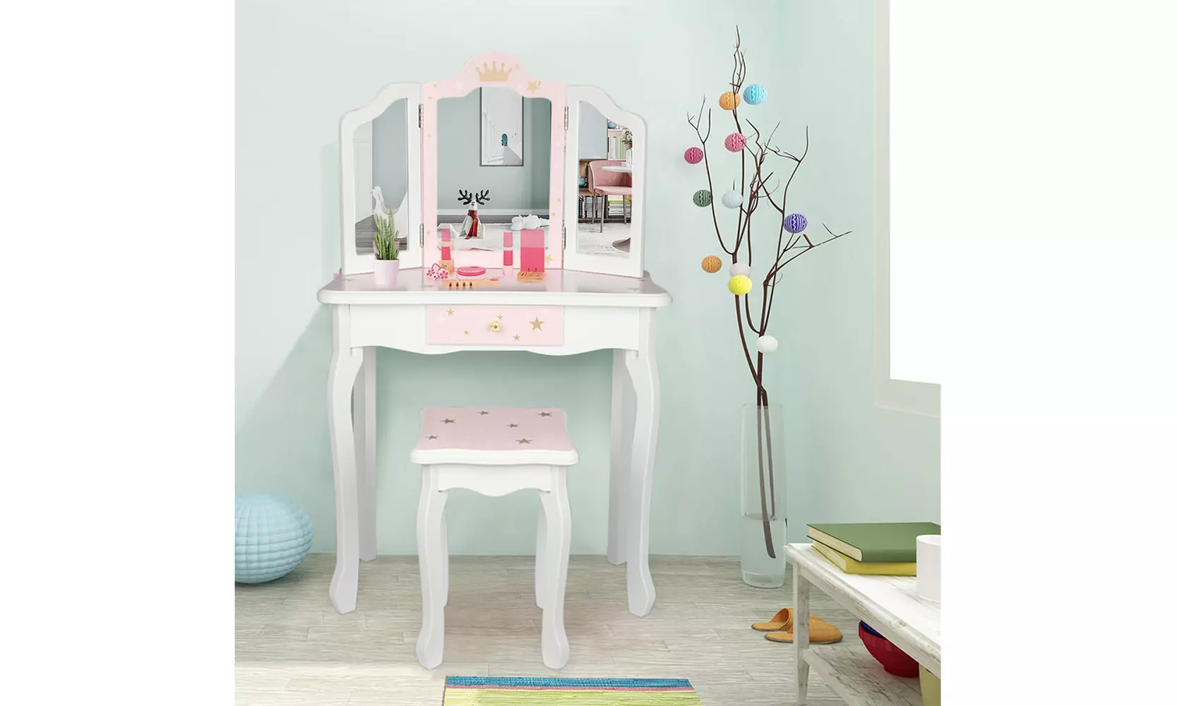 Wooden Toy Children's Dressing Table Three Foldable Mirror/Chair/Single Drawer - Primary Image