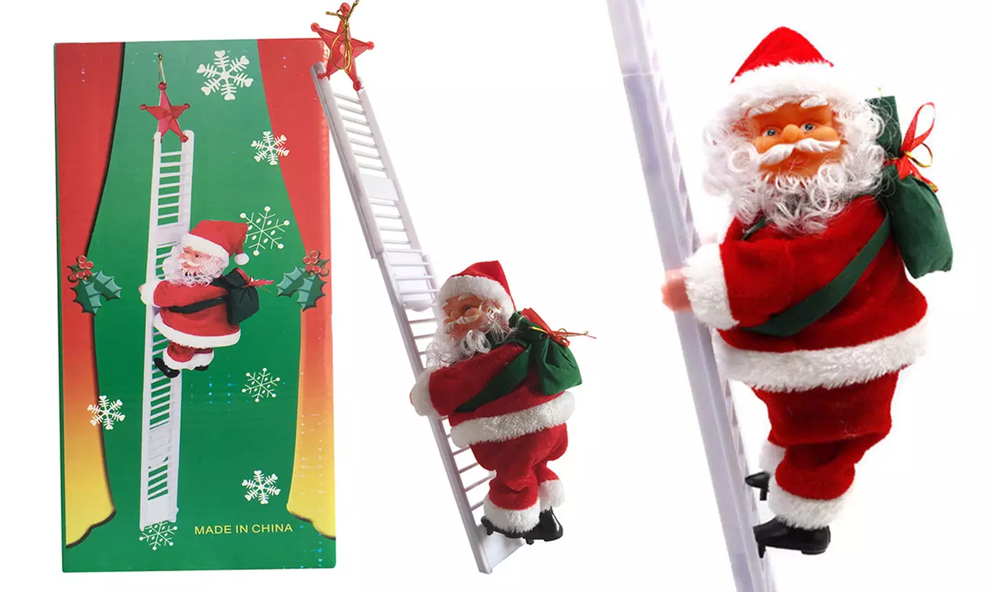 Animated Musical Santa Claus Climbing Ladder Up Tree Christmas Decoration - Primary Image
