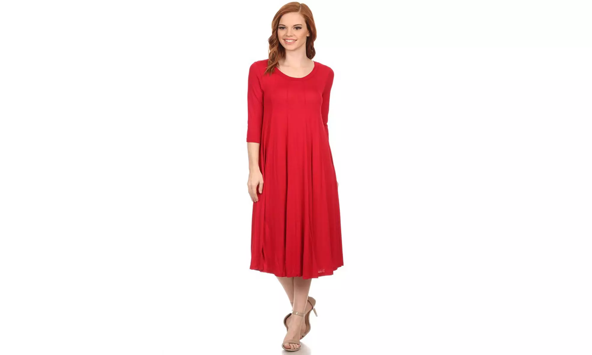 Women's Solid Casual Comfy 3/4 Sleeve Loose Fit A-line Midi Dress