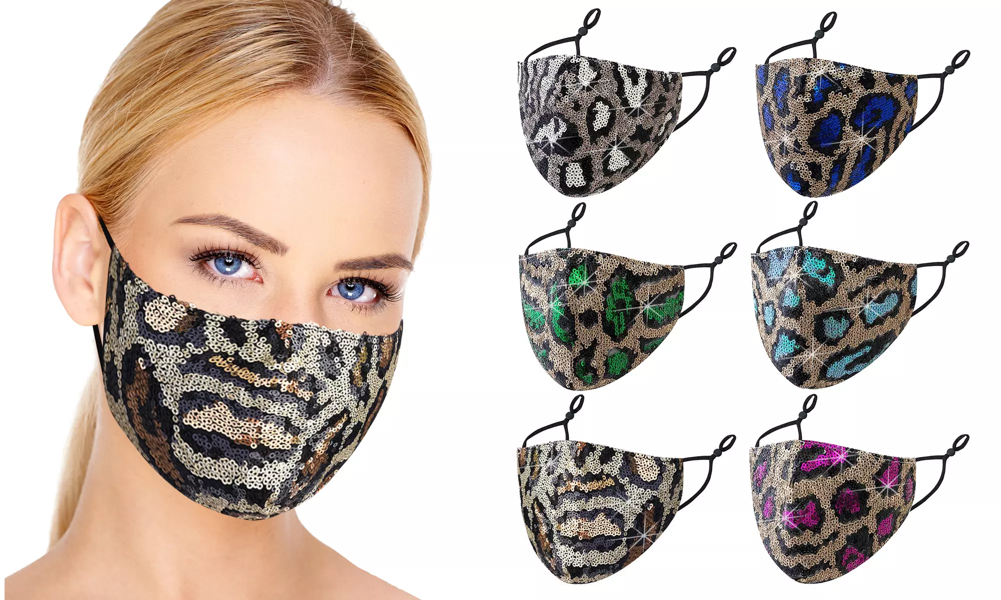 6 Pack : Sequined Cotton Fashionable Face Masks With Adjustable Ear Loops - Primary Image