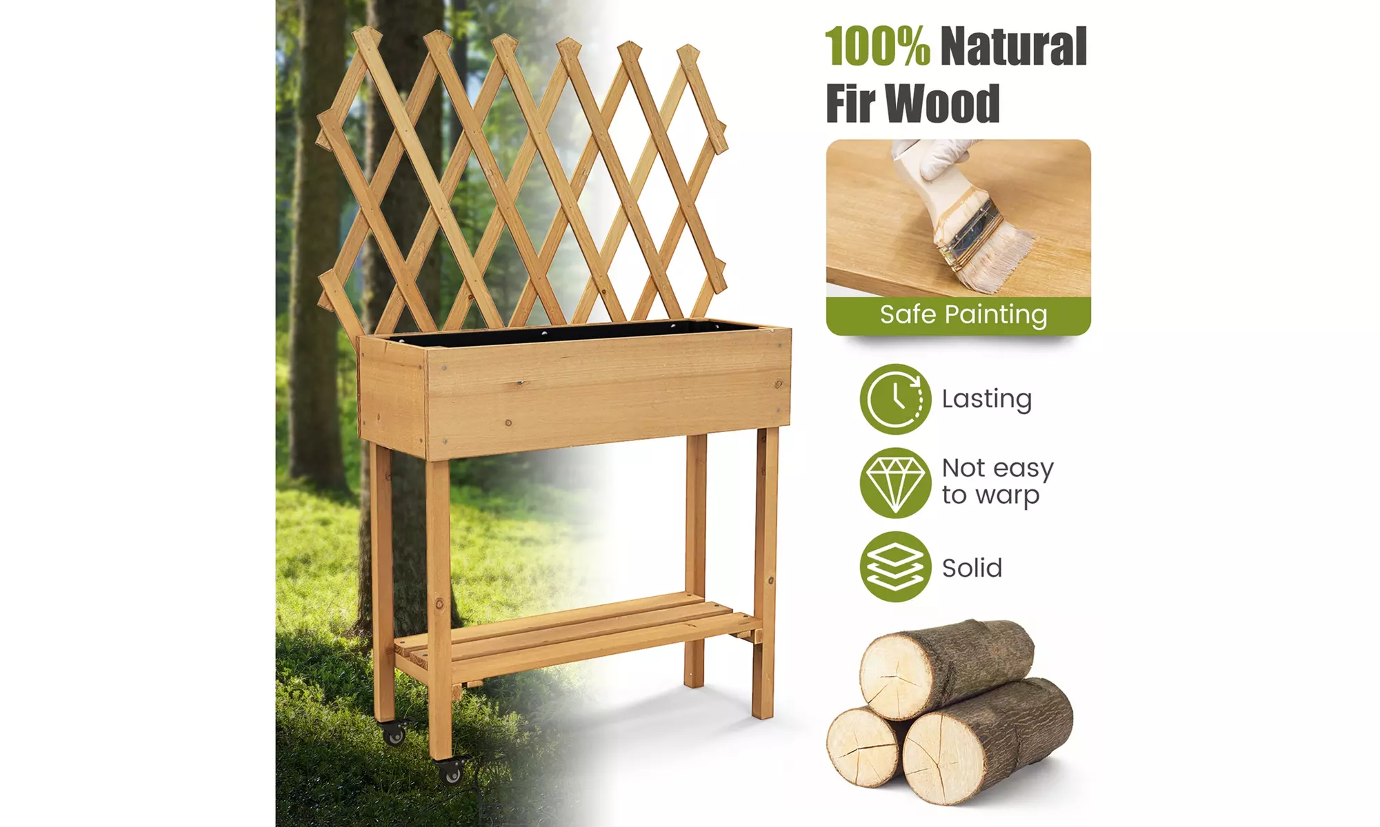 Costway Wood Raised Garden Bed w/ Trellis Storage Shelf Wheels Drainage Holes