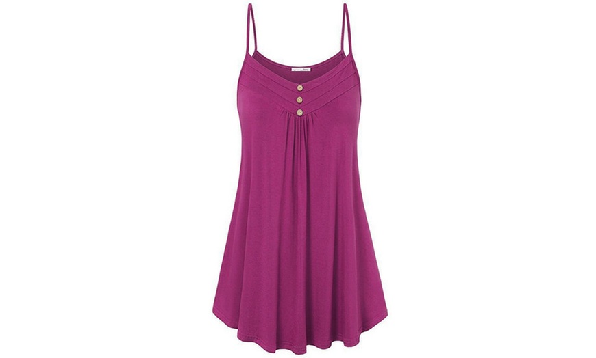 Image 46: Women's Summer Tank Tops Button V Neck Pleated Strap Camisole  