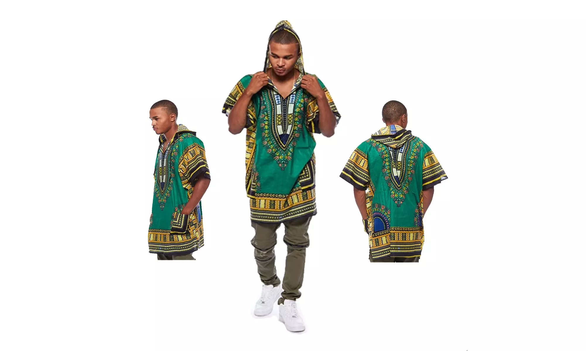 Mens African Swag Dashiki Loose Traditional Long Hoodie Top W/Hood - Second Medium