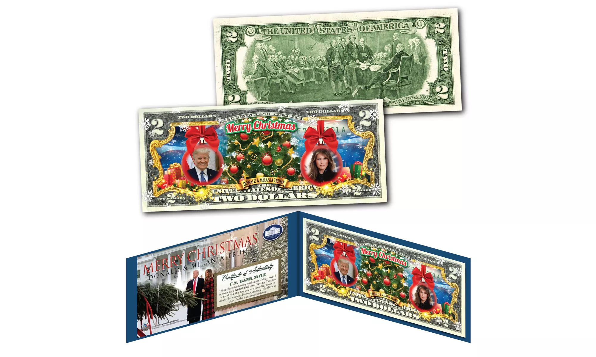 Donald & Melania Trump "Christmas Ornaments" Genuine U.S. 2 Dollar Bill - Primary Image