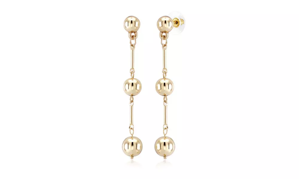 Yellow Gold Plated Drop Triple Ball Earrings - Second Medium