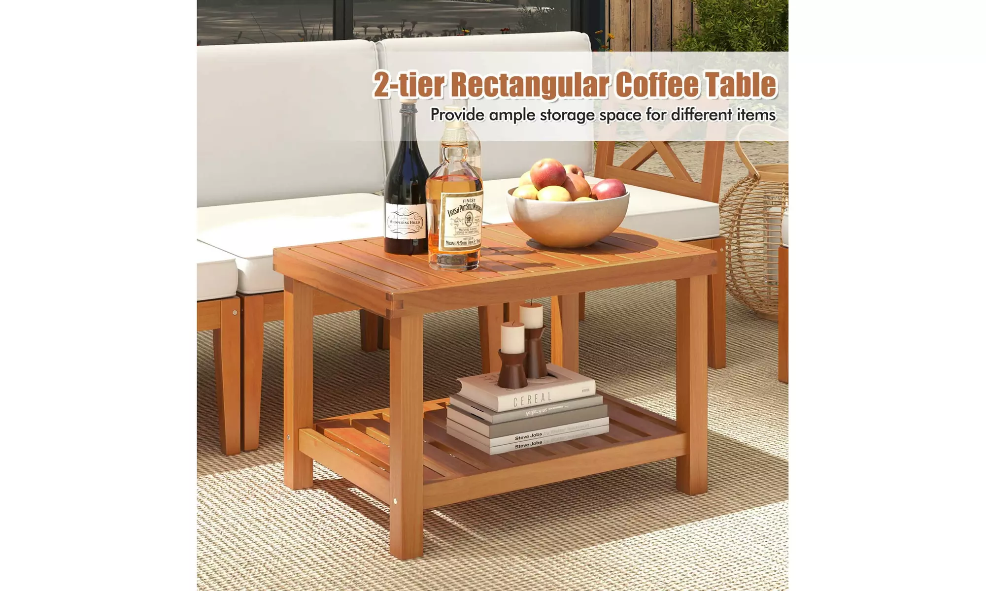 Costway Acacia Wood Patio Furniture Set with Cushions and 2-Tier Coffee Table