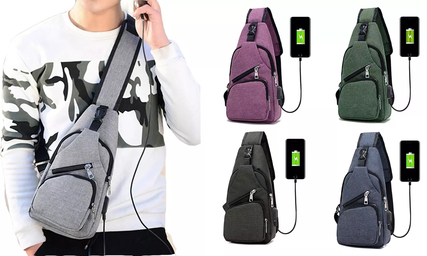 Men Women Messenger Shoulder Bag Sling Chest Pack Crossbody Bag With USB Port