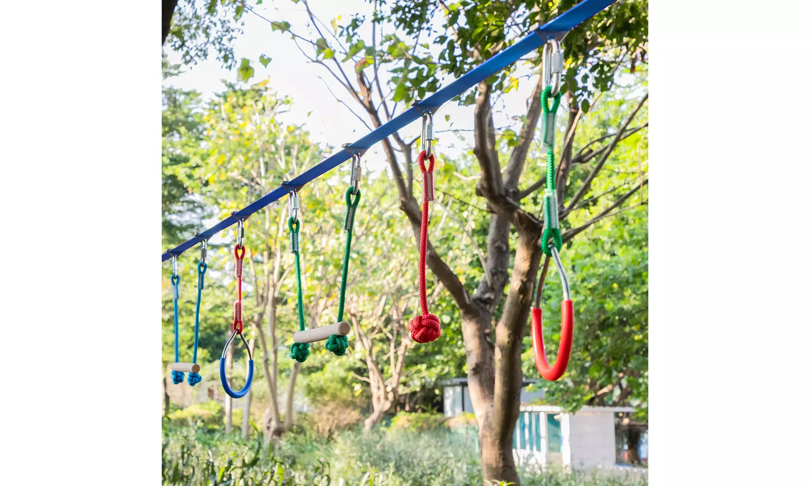 Slack Line Bar Kit Outdoor Tree Hanging Obstacles Line Accessories Play Set,Blue - Second Medium