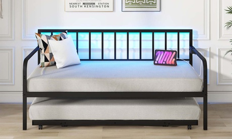 Costway Twin Daybed Adjustable Sofa Bed Frame With Charging Station & LED Lights Black