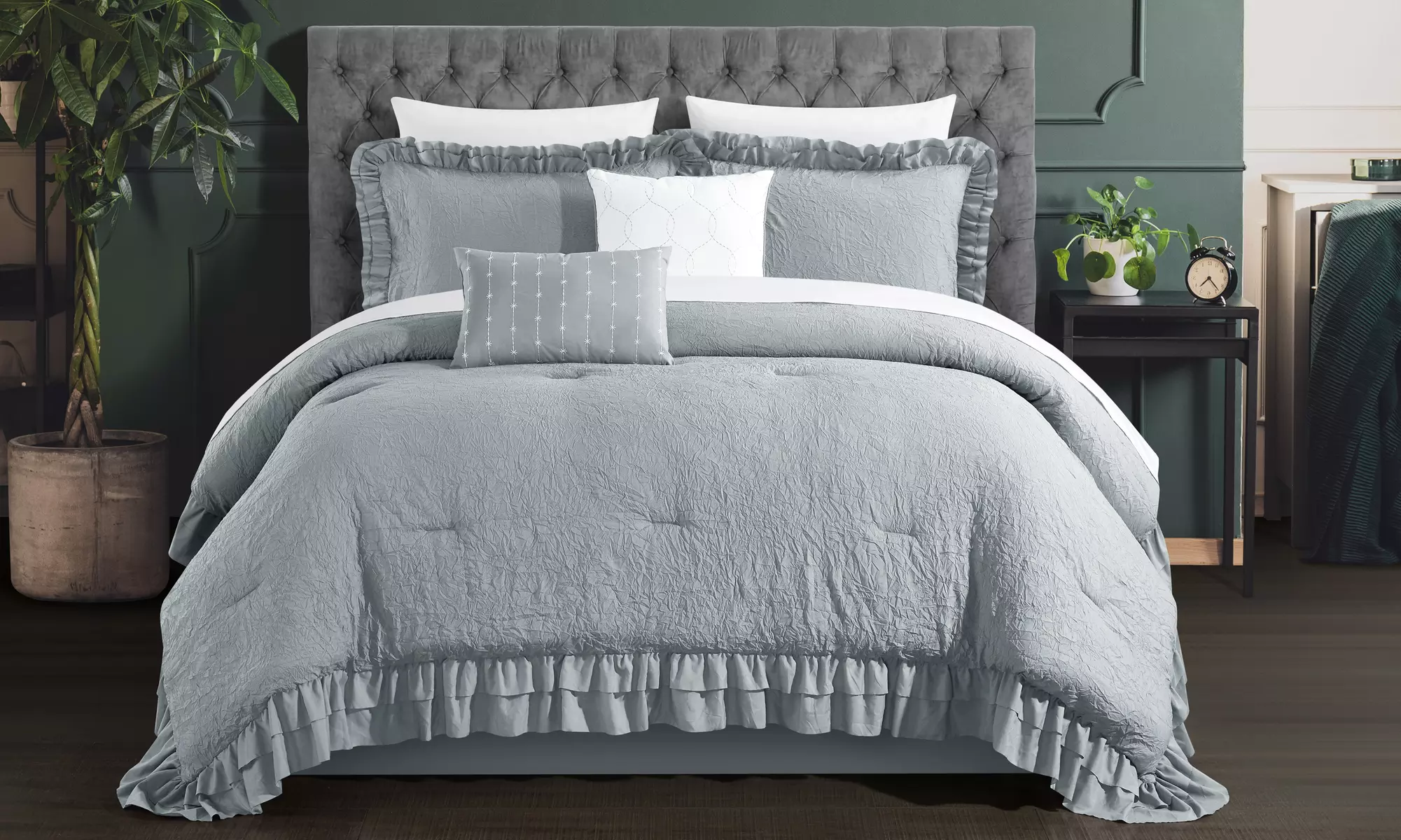 Karleigh 5 pc Comforter Set Washed Crinkle Ruffled Flange Border Design Bedding - Primary Image
