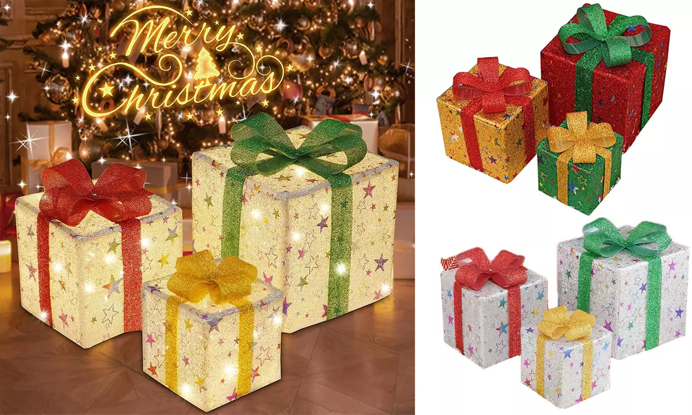 Set of 3 Christmas Lighted Gift Box with Remote for Party Xmas Decor  - Primary Image