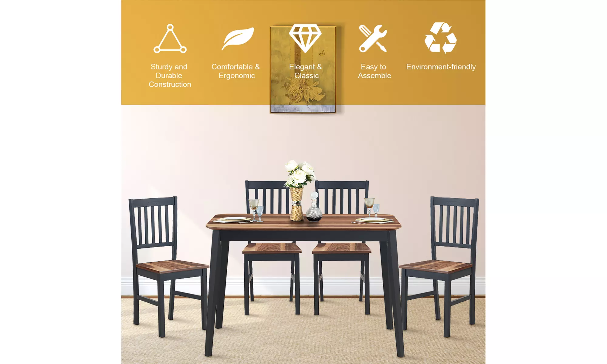 Set of 4 Dining Chair Kitchen Spindle Back Side Chair with Solid Wooden Legs