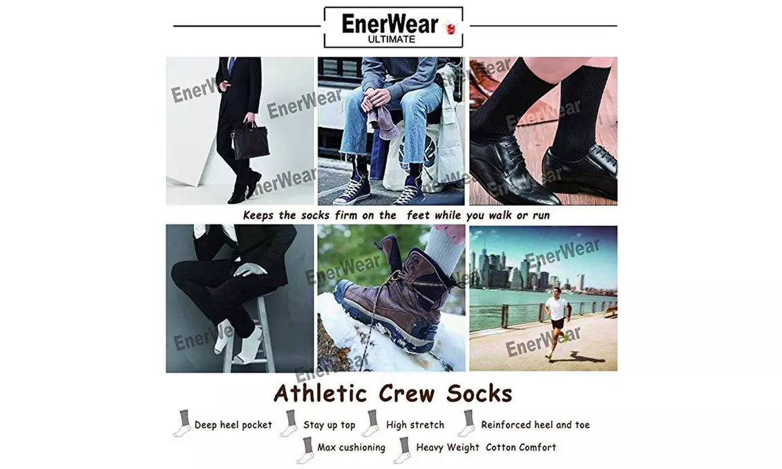 Enerwear 10P Pack Men's Cotton Moisture Wicking Extra Heavy Cushion Crew Socks - Second Medium