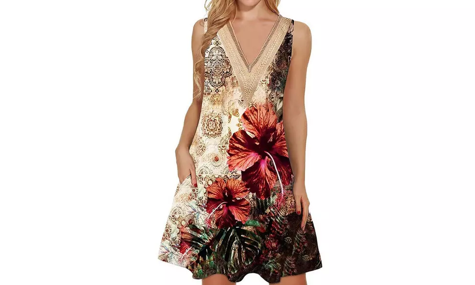Women Lace Trim V Neck Sleeveless Dress with Pockets S-2X