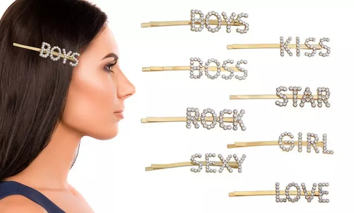Rhinestone Word Hair Clips  - 8 Pieces  - Primary Image