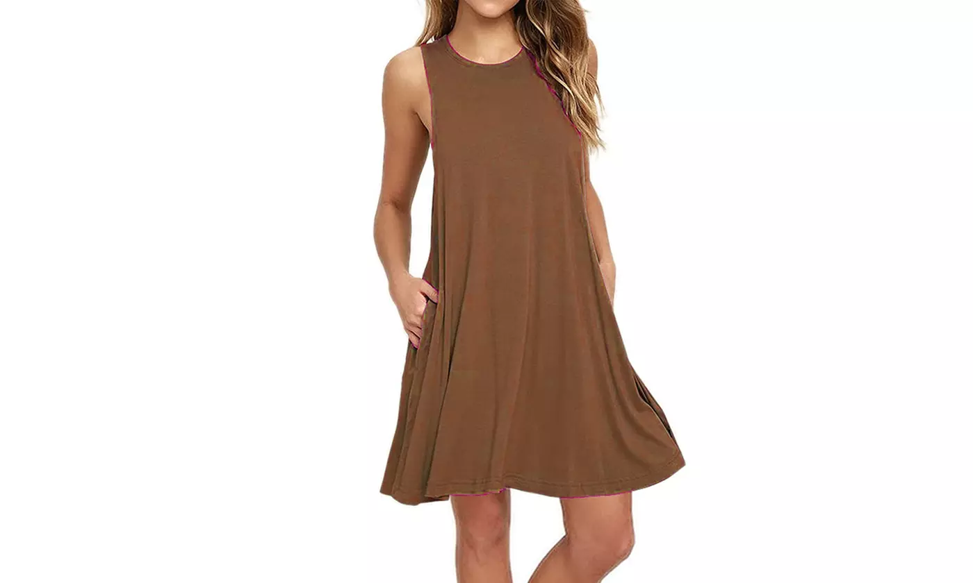 Women's Summer Casual Swing T Shirt Dresses Plain Tank Dress with Pockets - Second Medium
