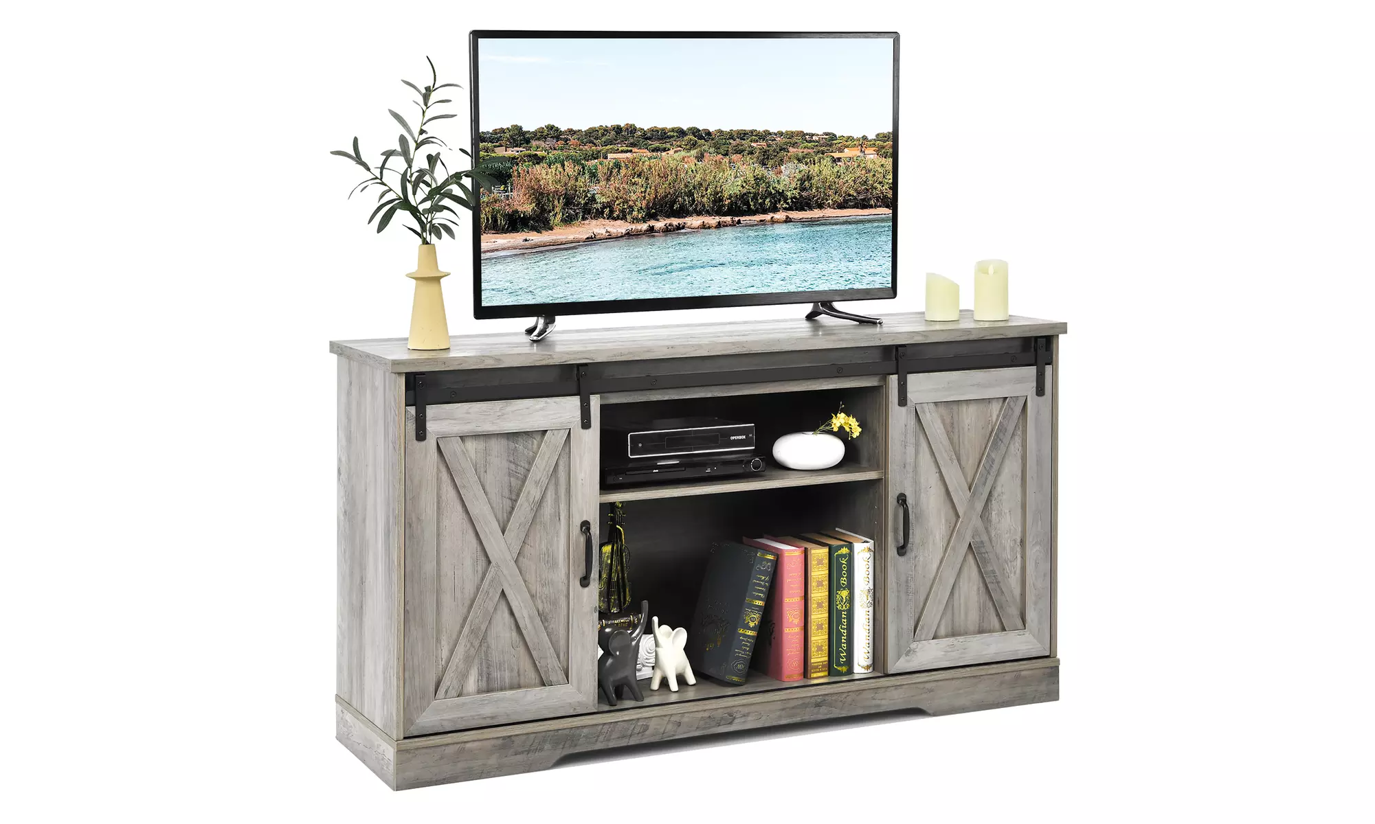 Costway 59'' Farmhouse TV Stand Sliding Barn Door Cabinet w/ Adjustable Shelf - Primary Image