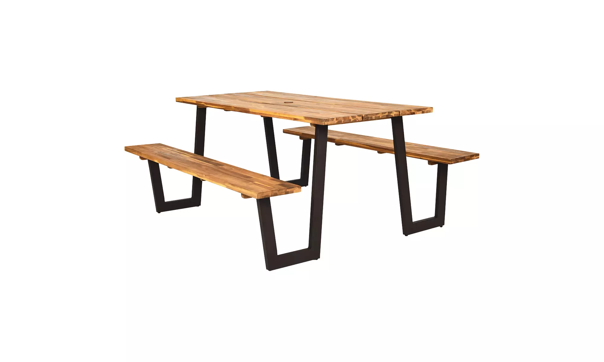 Picnic Table Bench Set Outdoor Camping Wooden 2 Built-in Benches w/Umbrella Hole
