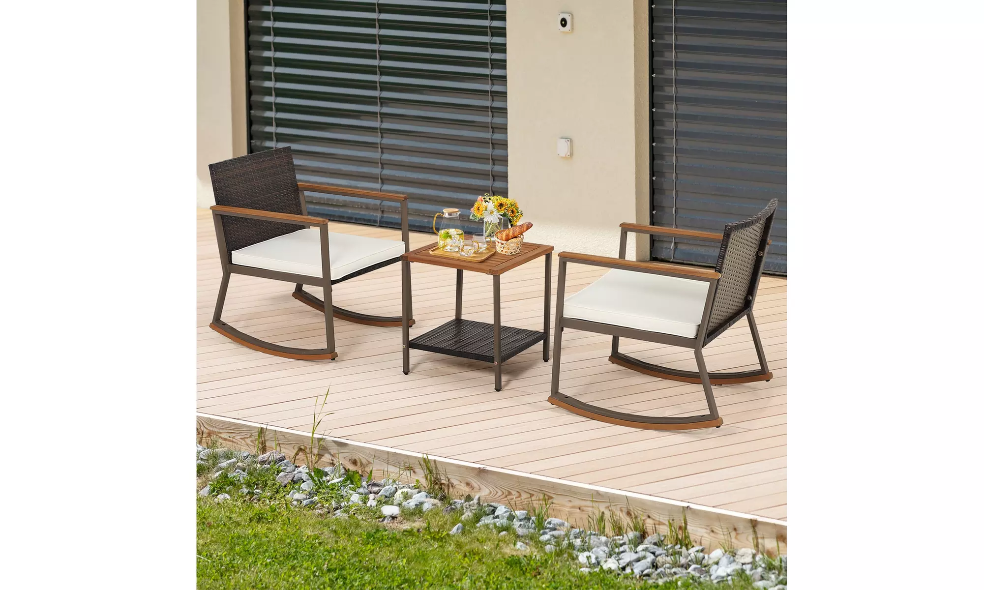 Costway 3 PCS Patio Rattan Rocking Chair Bistro Set Armrest Cushion Table