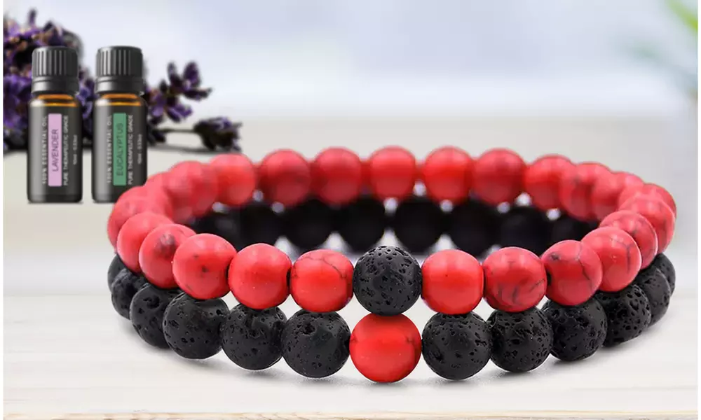 Set of 2: Lava Stone Chakra Diffuser Bracelet with Optional Essential Oils - Primary Image